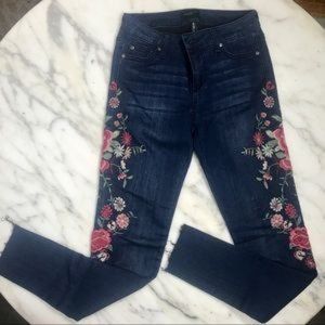 Embroidered Denim Skinny Jeans with Raw Hem